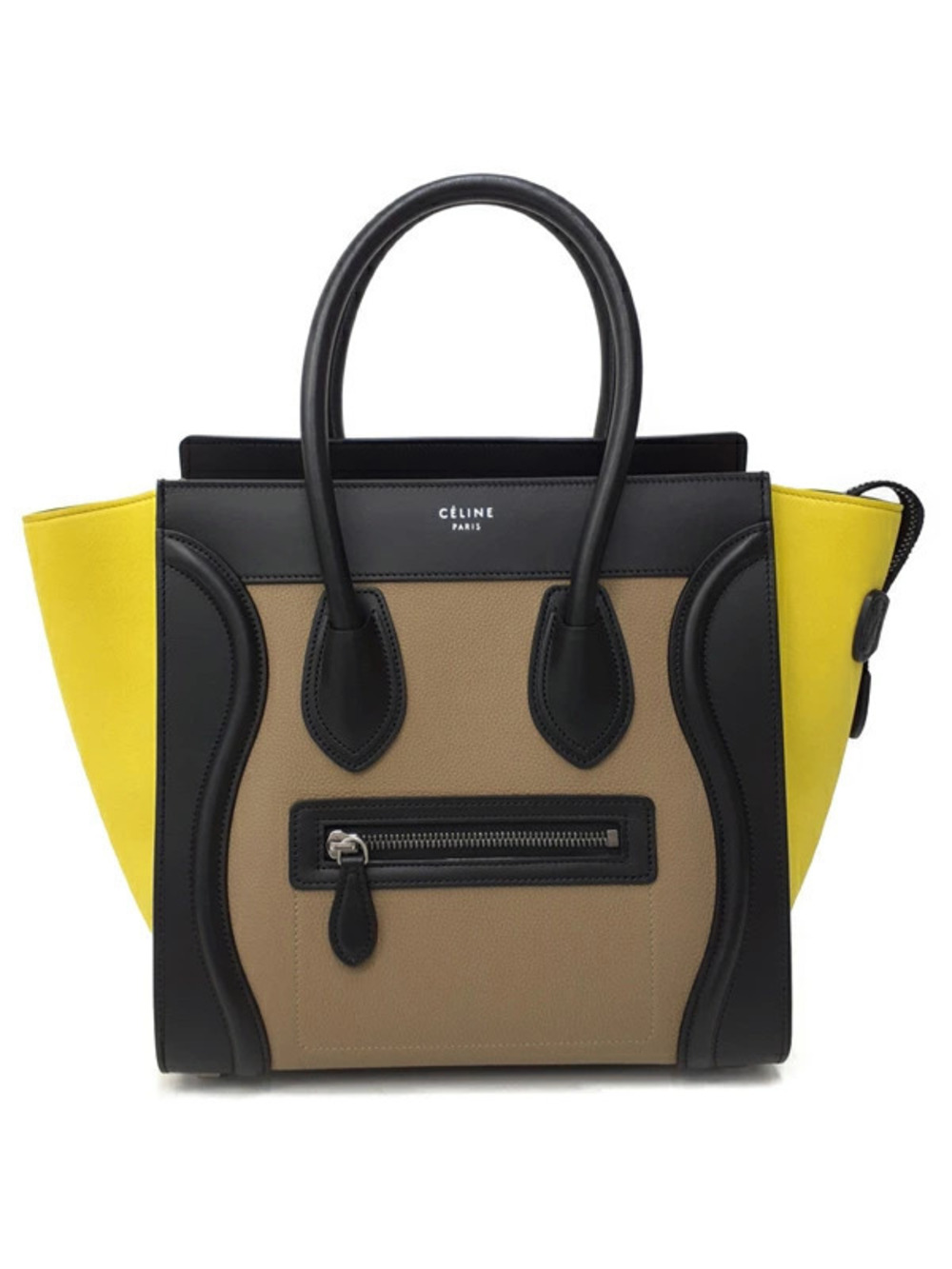 Celine Luggage Tote tricolor leather combination black tan brown yellow